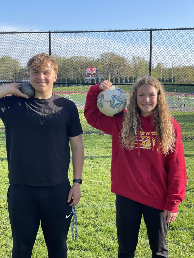 Junior Isaiah Samuelson, thrower of Rock Island Track, with Sophomore Olivia Samuelson, 2nd Year Varsity player for Rock Island Soccer. “I try to make it to as many games as I can. I love watching her play the sport she loves with all her friends. Having someone who just knows what youre feeling always makes things a little easier,” Isaiah describes. 
